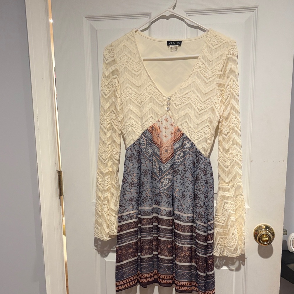 VENUS Cream Lace Bodice with Blue and Brown Printed Skirt Long Sleeve Dress